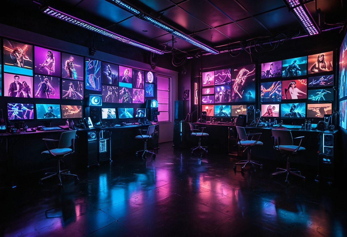 A captivating behind-the-scenes glimpse of an adult film set, featuring vibrant lighting and colorful cameras, showcasing a diverse group of passionate actors preparing for a scene. Include artistic elements such as film reels and digital screens displaying social media analytics, illustrating the rise of digital sensuality. The atmosphere should be a blend of intimacy and professionalism, with soft shadows and bold highlights. cyberpunk. vibrant colors. super-realistic.